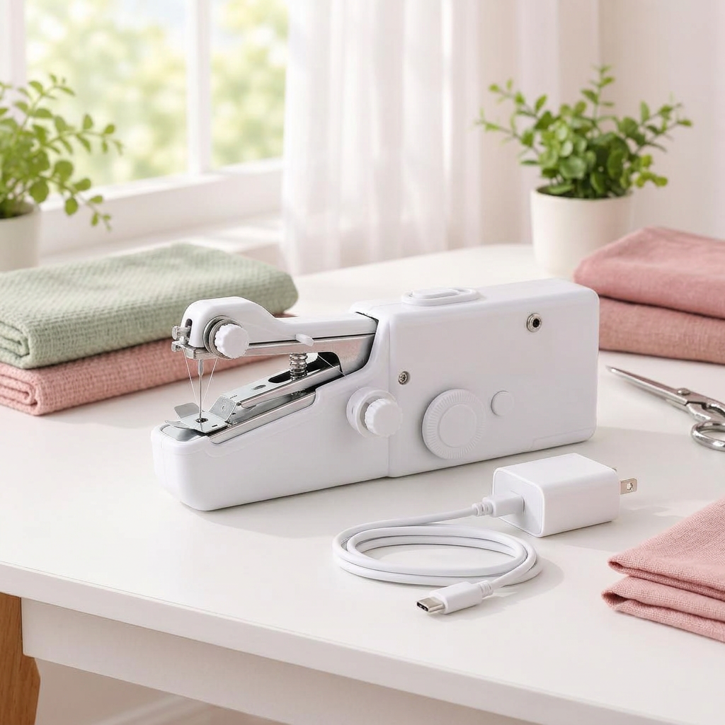 Máquina Costurê com carregador e cabo USB-C sobre uma mesa de costura